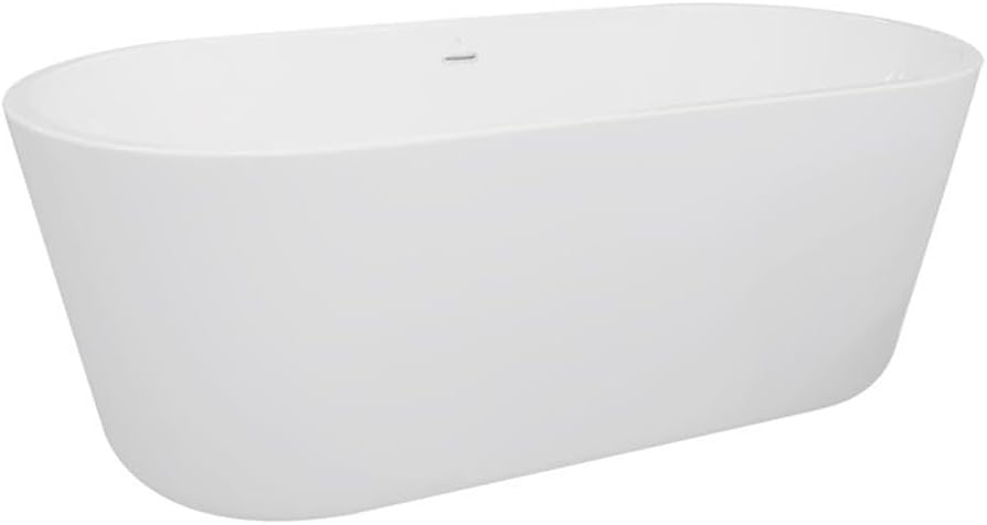 Pemberly Row Acrylic Oval Freestanding Bathtub, 62 x 29 in, High-Gloss White Finish, Insulated Multi-Layer Construction, Scratch-Resistant, 15 in Water Depth, Center Drain, Modern Style for Master