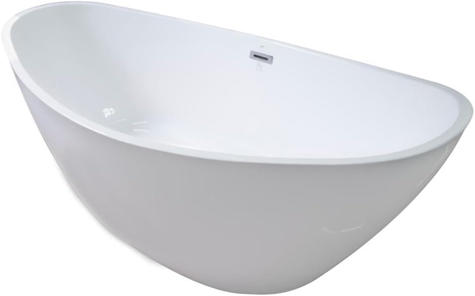 Bowery Hill Oval Freestanding Acrylic Insulated Bathtub, Non-Porous High-Gloss Surface, White Finish, Durable Heat-Retaining Design, Spacious Modern Bathroom Soaking Tub for Relaxation