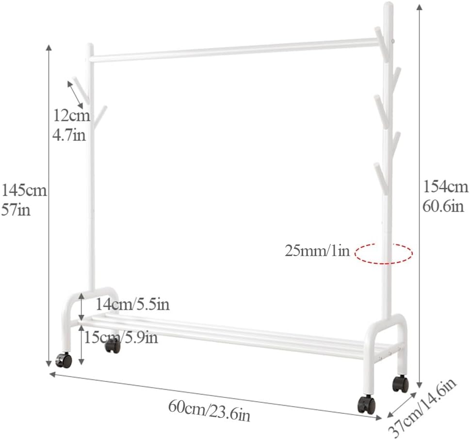 Metal Garment Rack with Wheels, Clothes Rail with Side Hooks and Storage Shelf, Rolling Clothing Organizer, Load Capacity 198lbs (Color : White, Size : 150x37x154cm) (White 60x37x154cm)