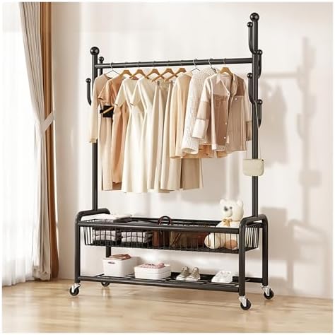 Rolling Clothes Rack with Wheels, Metal Garment Rack with Shelves, Portable Wardrobe Organizer, Adjustable Clothing Stand (Black, 39.4 inches)