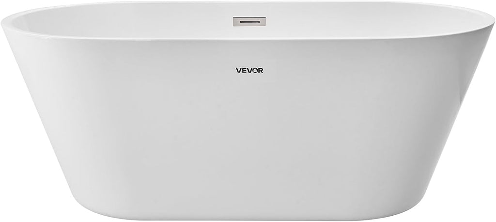VEVOR Acrylic Freestanding Bathtub, 59 Inch Contemporary Soaking White Tub with Brushed Nickel Overflow and Drain, Elegant Oval Shape Stand Alone Soaker Tub for Modern Bathroom or Remodel Projects