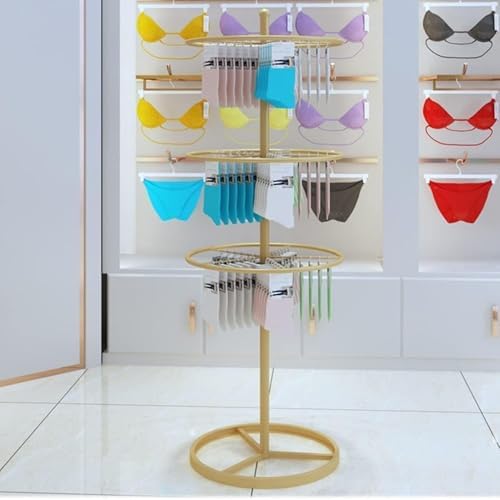 Freestanding Round Display Rack, 3-Tier Garment Stand for Retail, Commercial Use, Ideal for Bras, Shorts, Socks - Stylish Gold Merchandising Fixture
