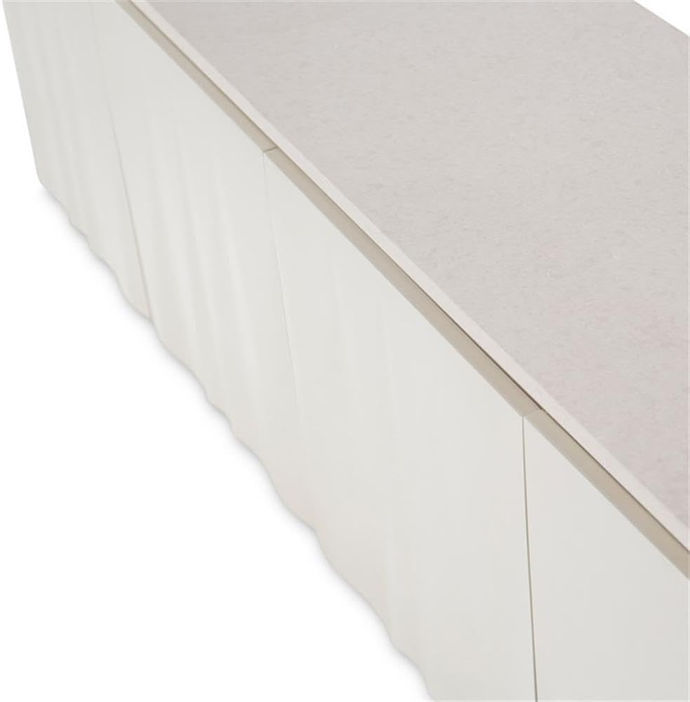 Pemberly Row Modern/Contemporary Media Cabinet, 78' Wide, Marble Top, Creamy Pearl Finish, Solid & Manufactured Wood Frame, Touch-Latch Doors, 4 Shelves, Living Room TV Stand or Storage