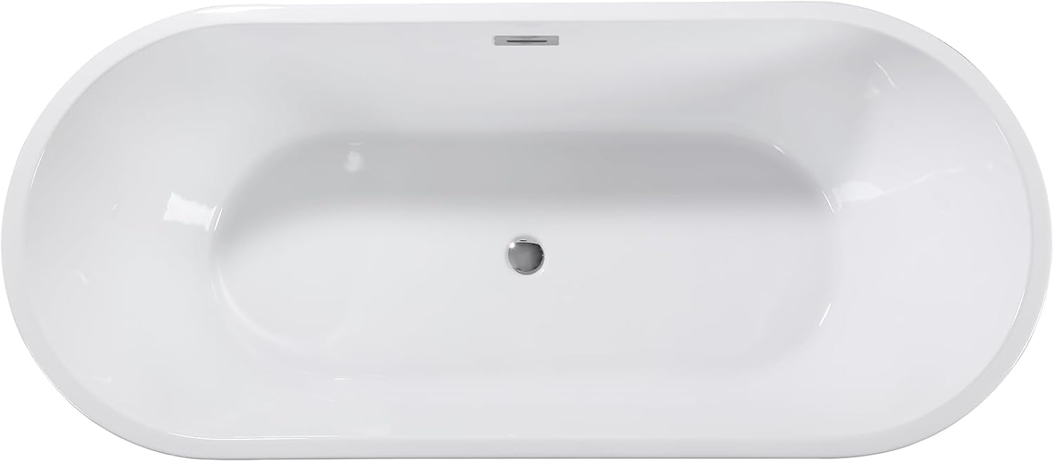 55' Freestanding Acylic Soaking Bathtub Contemporary Stand Alone Tub with Toe-Tap Chrome Drain & Overflow for Home, Long-Lasting Warmth, Gloss White
