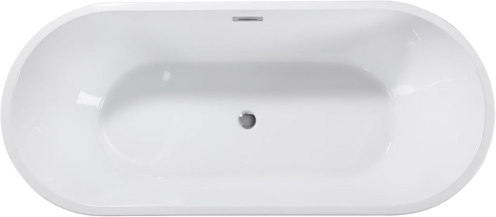 67' Acrylic Freestanding Bathtub Contemporary Oval Shape Soaking Bath Tub Gloss White Stand Alone Tub with Toe-Tap Chrome Drain & Overflow for Indoor Bathing