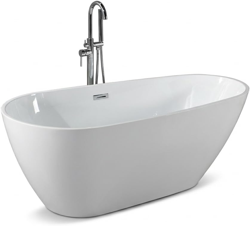 67 Inch Acrylic Freestanding Bathtub, Deep White Oval Pearl-Shape Soaking Tub, Modern Stand Alone Bathtub with Non-Slip Base, Chrome Overflow & Pop-Up Drain, Easy Assembly for Bathroom, Home, Spa