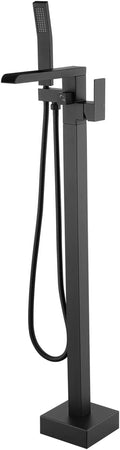 WELLFOR Floor Mount Tub Faucet with Hand Shower 1-handle Freestanding Bathtub Filler Single Handle Show Faucet, High flow 6GPM, Solid Brass Mounting Bracket Shower Faucet Kit, Matte Black