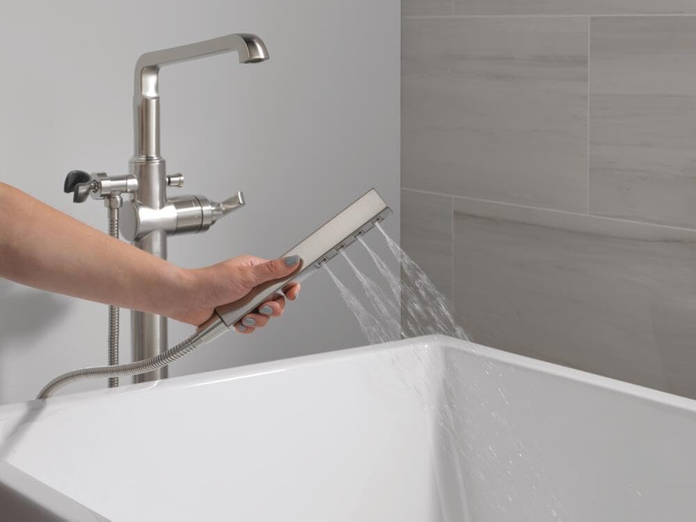 Delta Faucet Tetra Floor-Mount Freestanding Tub Filler with Hand Held Shower, Brushed Nickel Tub Faucet, Lumicoat Stainless T4789-PR-LHP-FL (Valve and Handle Not Included)