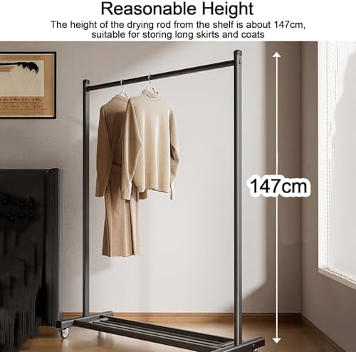 Heavy Duty Rolling Clothes Rack with Wheels - Sturdy Free-Standing Garment Rack for Bedroom, Laundry, Retail Shop Storage & Organization - Adjustable Height, Dur, Black-120x158x43cm