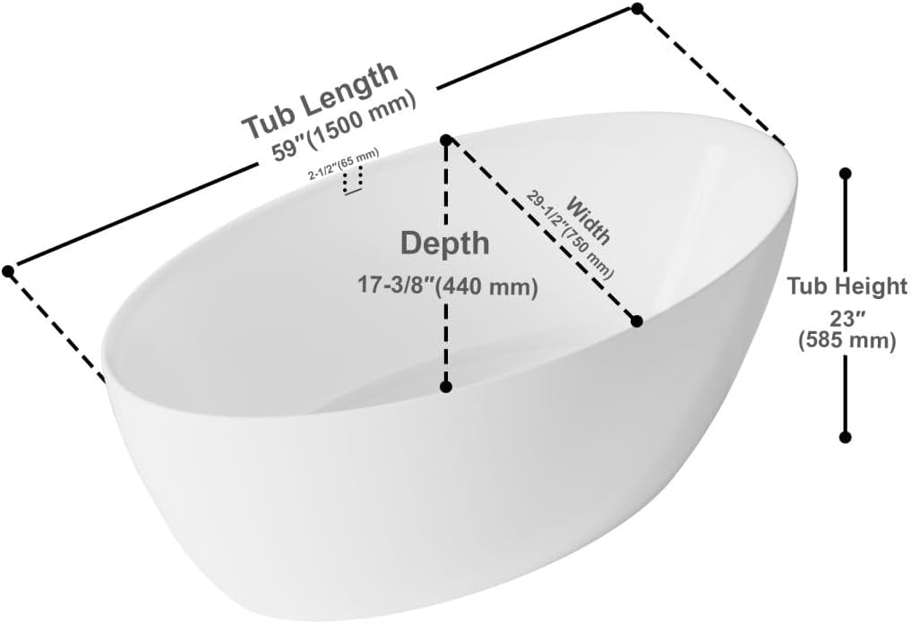 Dowell 59' x 30' Modern Acrylic Freestanding Bathtub | Elegant Oval Soaking Tub with Integrated Overflow for Bathroom, Glossy White-080 5930 21