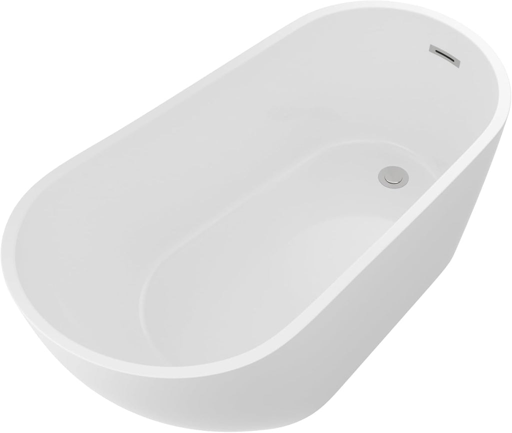 Logmey 59 Inch White Acrylic Freestanding Bathtub with Overflow Oval Shape Soaking Tub with Chrome Drain Assembly for Modern Classic Bathrooms
