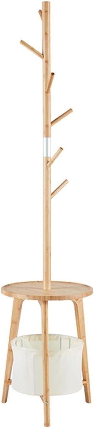Bamboo Floor Clothing Rack with Storage Shelf, Freestanding Garment Hanger for Bedroom Living Room(White)