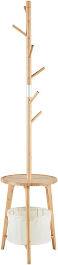 Bamboo Floor Clothing Rack with Storage Shelf, Freestanding Garment Hanger for Bedroom Living Room(White)