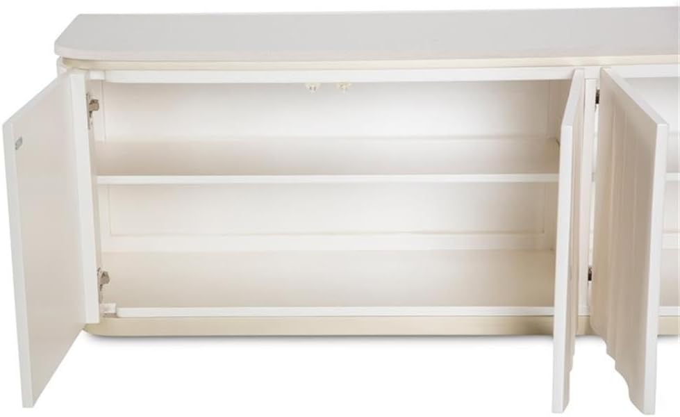 Pemberly Row Modern/Contemporary Media Cabinet, 78' Wide, Marble Top, Creamy Pearl Finish, Solid & Manufactured Wood Frame, Touch-Latch Doors, 4 Shelves, Living Room TV Stand or Storage