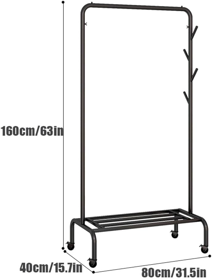 Clothes Rack with Wheels, Rolling Garment Rack with Side Hooks and Storage Shelf, Clothes Organization Rail for Bedroom, Laundry Room, Load Capacity 176lbs (Color : Black, Size : 80x40x160cm)