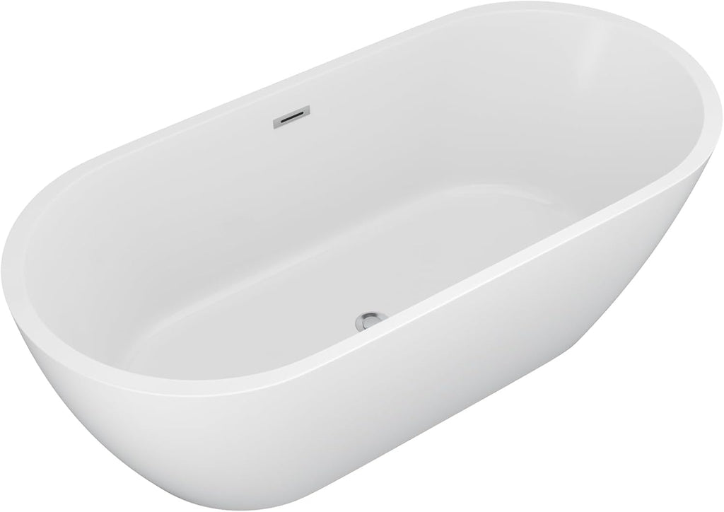 67 Inch Freestanding Acrylic Bathtub White Roll Top Soaking Tub with Smooth Curved Rim, Chrome Drain and Overflow, YSB9217