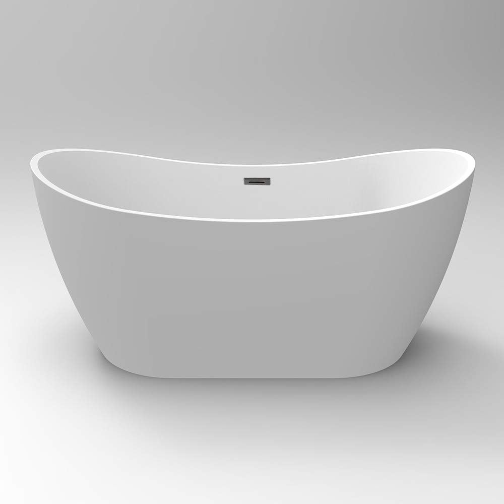 WOODBRIDGE BTA-1516 Acrylic Freestanding Bathtub Contemporary Soaking Tub with Brushed Nickel Overflow and Drain, BTA1516, 59' B-0016 White