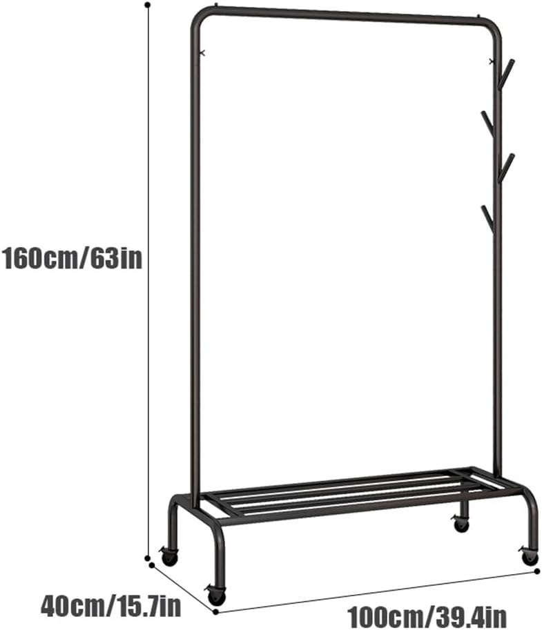 Clothes Rack with Wheels, Rolling Garment Rack with Side Hooks and Storage Shelf, Clothes Organization Rail for Bedroom, Laundry Room, Load Capacity 176lbs (Color : Black, Size : 100x40x160cm)