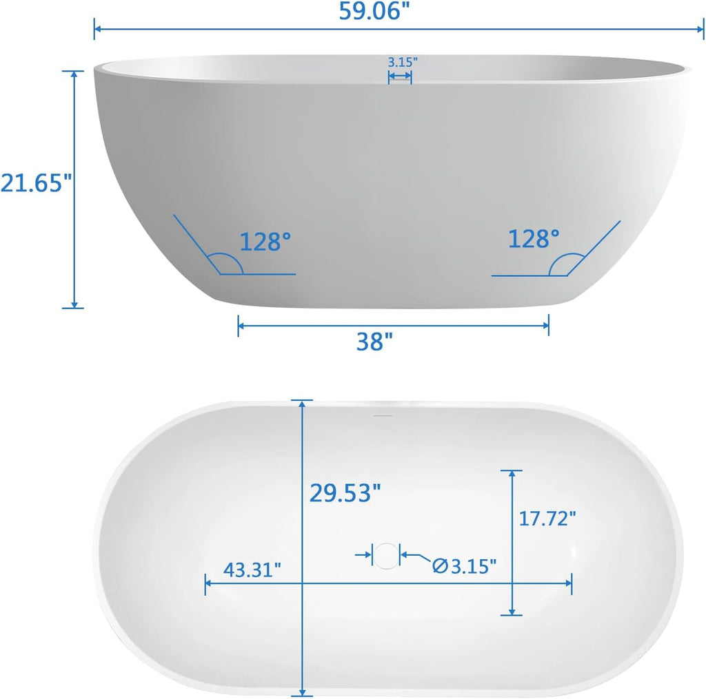 59'' Free Standing Tub, Stone Resin Freestanding Bathtub, Bathroom Soaking Tub Soaker Tubs Oval Shaped, Luxury Modern Freestanding Tubs with Overflow and Pop-up Drain - White