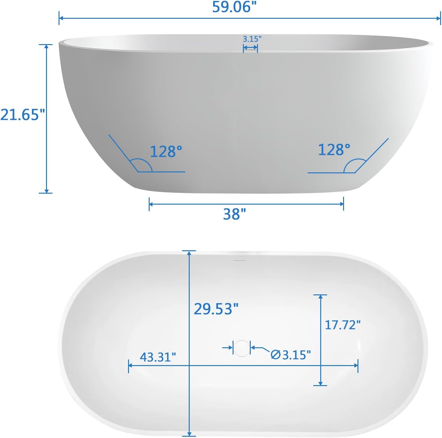 59'' Free Standing Tub, Stone Resin Freestanding Bathtub, Bathroom Soaking Tub Soaker Tubs Oval Shaped, Luxury Modern Freestanding Tubs with Overflow and Pop-up Drain - White