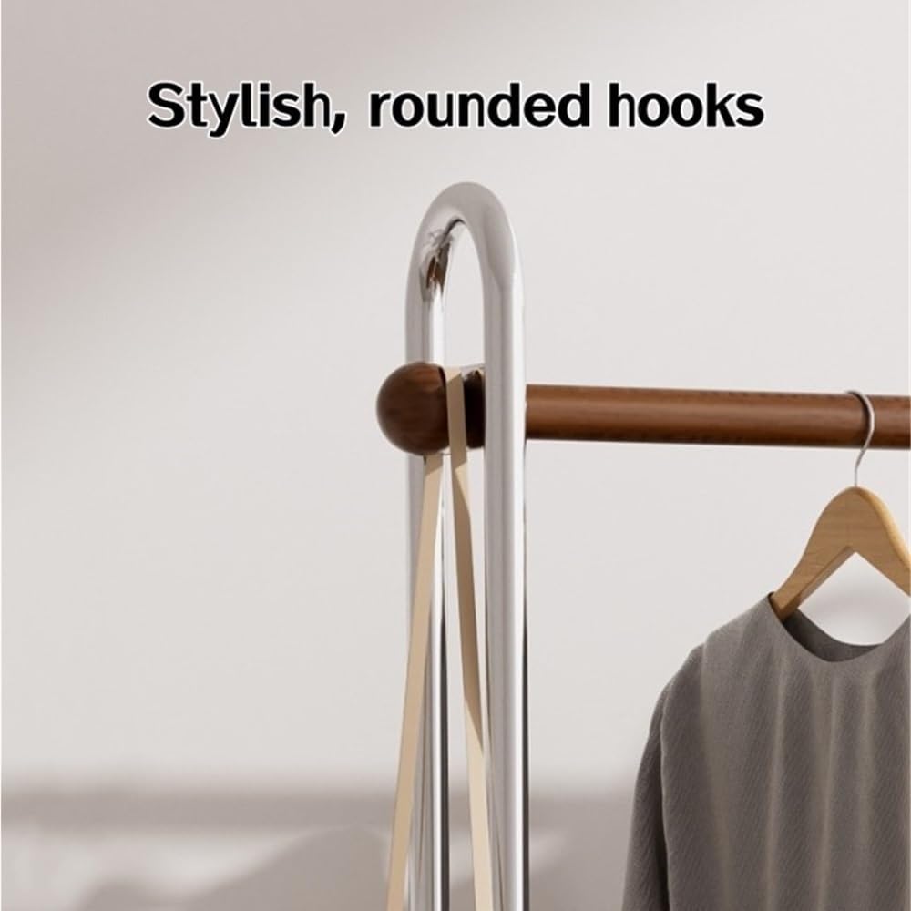 Metal Coat Rack with 2 Shelves Storage, Modern Solid Wood Hanging Rod Clothes Rack, Movable Freestanding Garment Rack for Entryway, Bedroom or Living Room(Brown)