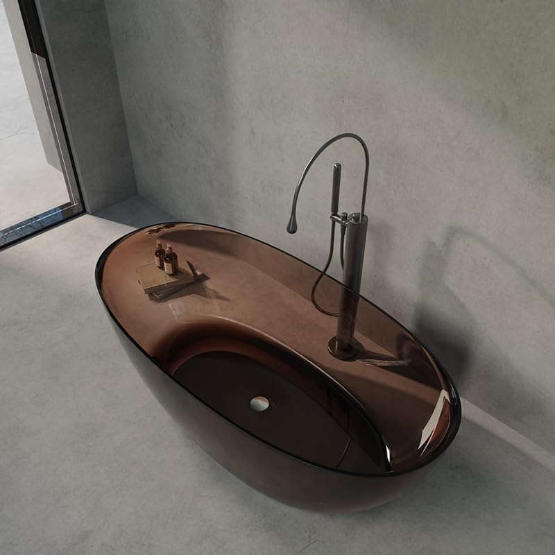 Modern Oval Freestanding Bathtub, Resin Material, Roll Top Soaking Design, Contemporary Style (Brown, 55'L x 31'W x 22'H)