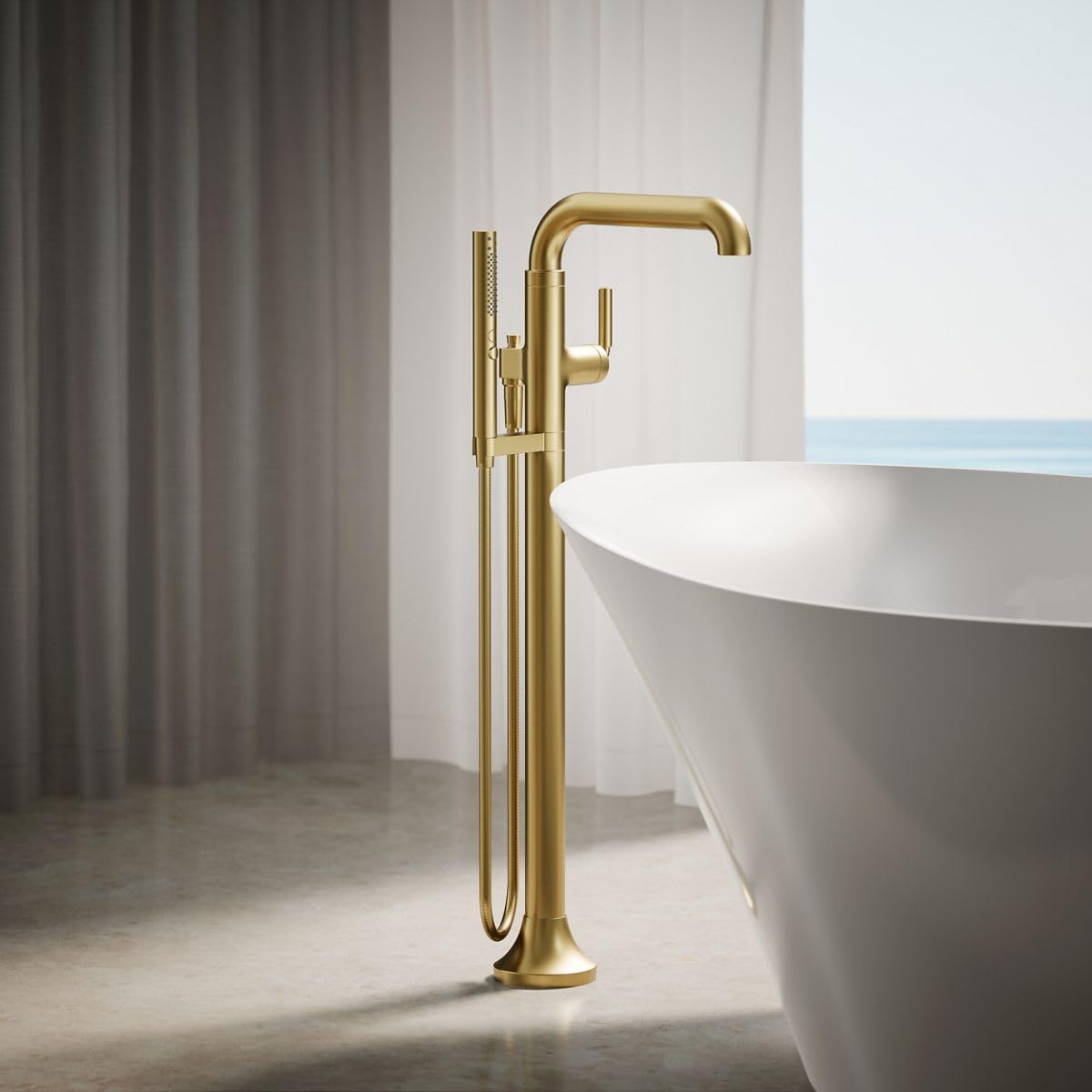 Kohler T27424-4-2MB Tone™ Floor-Mount Bath Filler Trim with handshower, Vibrant Brushed Moderne Brass