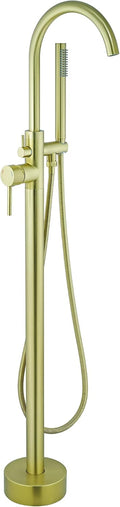 Free Standing Tub Faucet, Floor Mount Freestanding Tub Faucets, Brass Stand Alone Tub Filler, High Flow Bathtub Shower Mixer Tap (Brushed Gold)