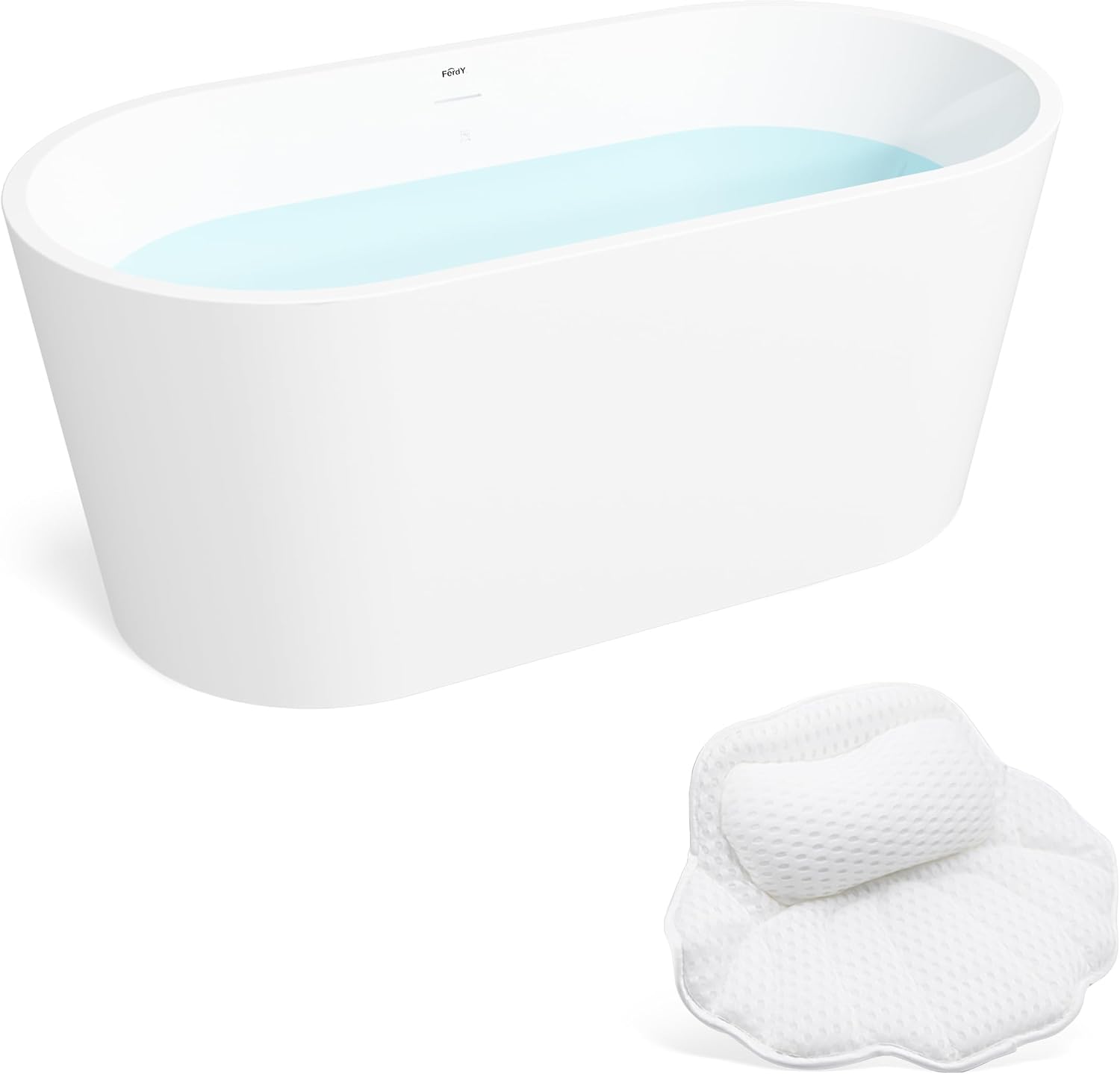 FerdY Luzon 55' Acrylic Freestanding Bathtub with Headrest, Ergonomic Lightweight Classic Oval Soaking Bathtub with Brushed Nickel Drain, Minimalist Linear Design Overflow& Bathtub Pillow