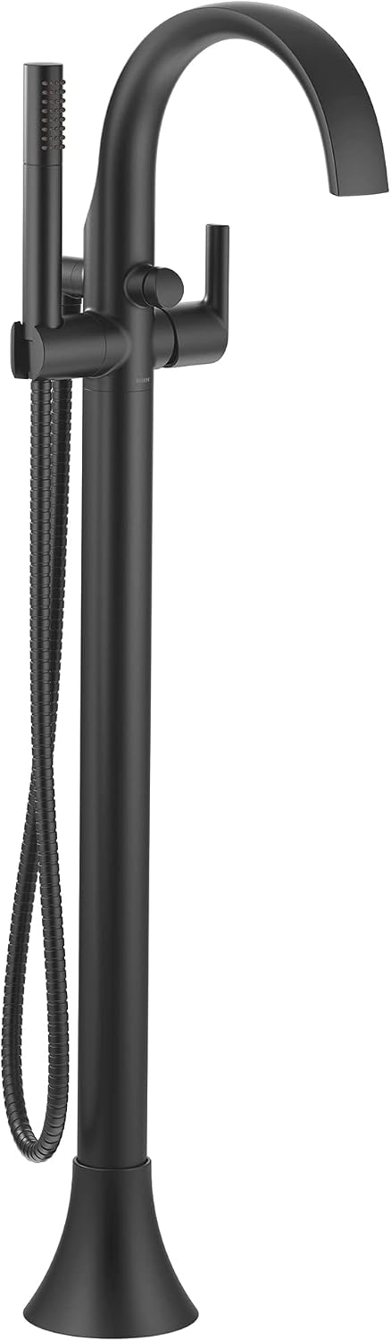Moen Doux Matte Black One-Handle Freestanding Floor Mount Bathtub Filler with Handshower, Free Standing Tub Faucet, S3105BL