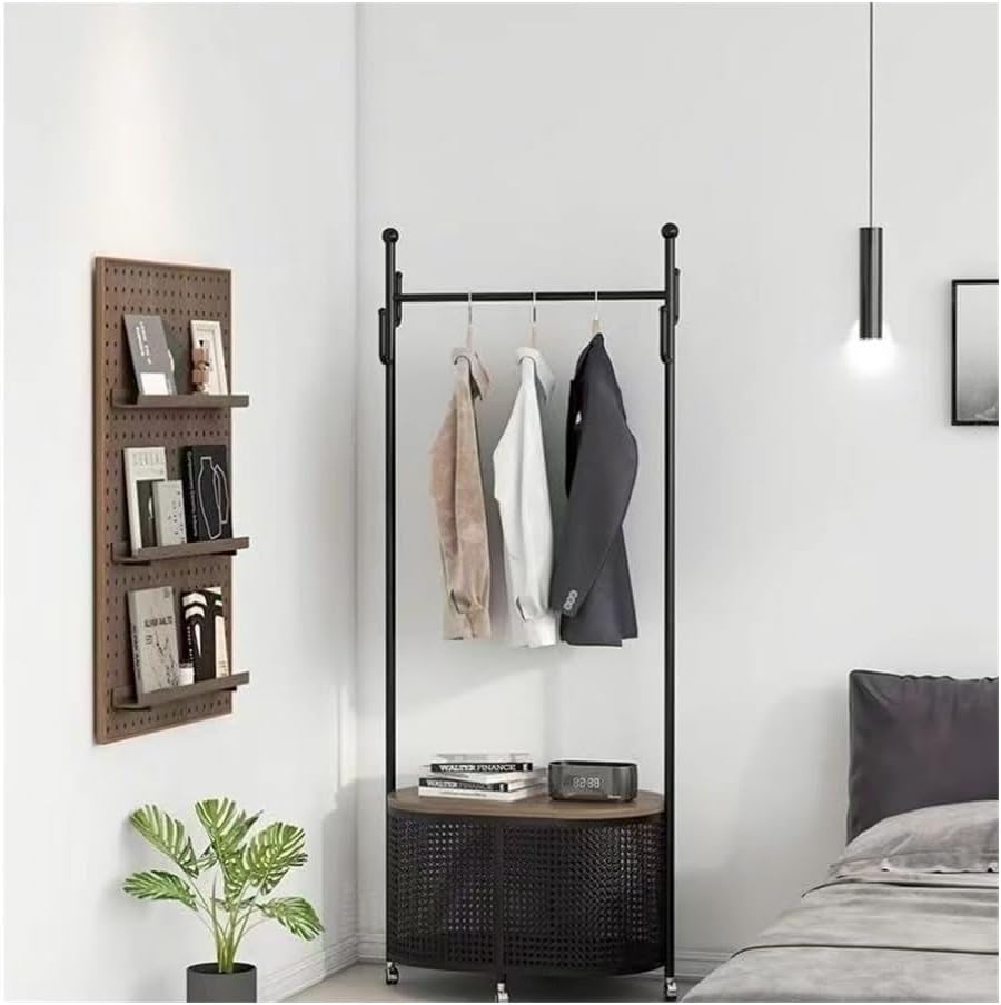 Coat Stand Vintage Style Freestanding Garment Rack with Removable Wicker Laundry Basket - Bedroom Clothes Hat Stand for Retro Storage and Hanging(Black)