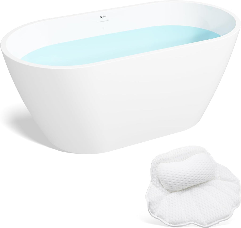FerdY Bali 55' Freestanding Bathtub, Glossy White Freestanding soaking tub with Brushed Nickel Drain& Bath Pillow for Bathtub,Thick Tub Pillows