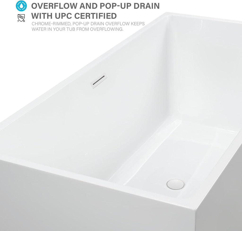 Vanity Art 67 X 32 Inch White Acrylic Freestanding Bathtub | Contemporary Design Soaking Tub with Pop-up Drain Overflow Included, UPC Certified VA6813B-L-PW