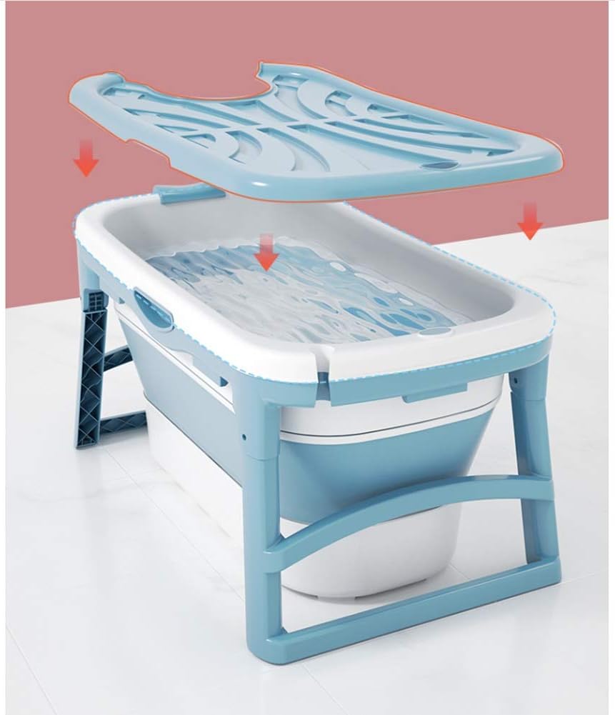 Foldable Bathtub Portable Bathroom Hot Tub for Adults Baby Toddlers, Soaking Tub in Shower Stall SPA Bath Basket，Double Drains, PP and TPE Material, 10kg (Color : Blue, Size : with lid)