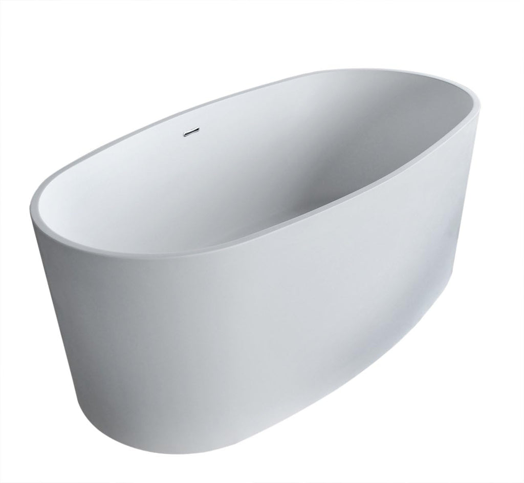 ANZZI Freestanding Bathtub 61 In Solid Surface Stone Resin Flat Bottom Soaking Tub Matte White Roccia Series One Piece Oval Design Deep Basin Center Drain Floor Mount Fixture | FT-AZ505