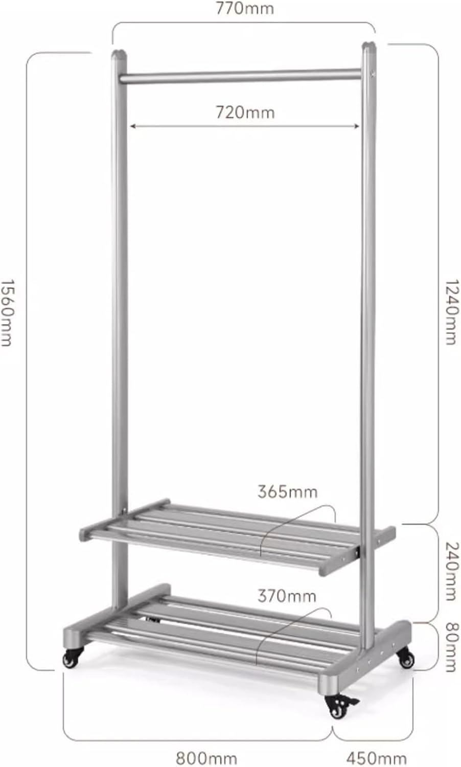 Heavy duty Garment rack Heavy Duty Clothes Rail On Wheel, Rolling Clothing Rack For Hanging Clothes, Aluminum Alloy Coat Rack With 2 Shelves For Bedroom, Portable Space Saving Clothes Organizer