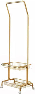 Heavy Duty Coat Rack, Garment Rack 2-in-1 Clothes Rack with 2 Storage Basket, Heavy Duty Metal Clothing Rack with Wheels, Rolling Clothes Organizer for Hanging Clothes, Freestanding Coat Rack (Gold)