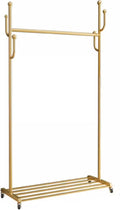 Heavy duty Garment rack Modern Golden Clothing Rack On Wheel, Freestanding Metal Coat Rack With Hooks And Shelves, Space-saving Coats Hanger Stand For Hanging Clothes, Bedroom Clothes Organizer ( 100