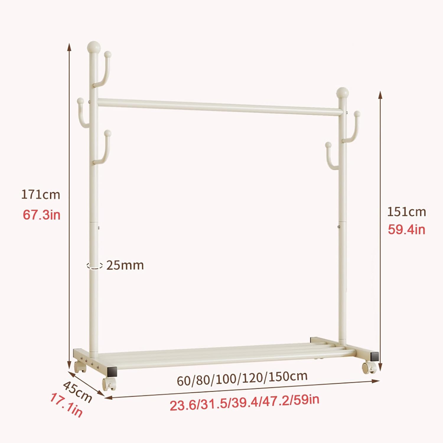Heavy-Duty Clothes Rack,Metal Rolling Garment Racks on Wheels with Storage Shelf and Hooks,Mobile Clothing Organizer for Coats,Bags & Accessories,for Bedroom, Entryway,Black(White,60cm(23.6in))