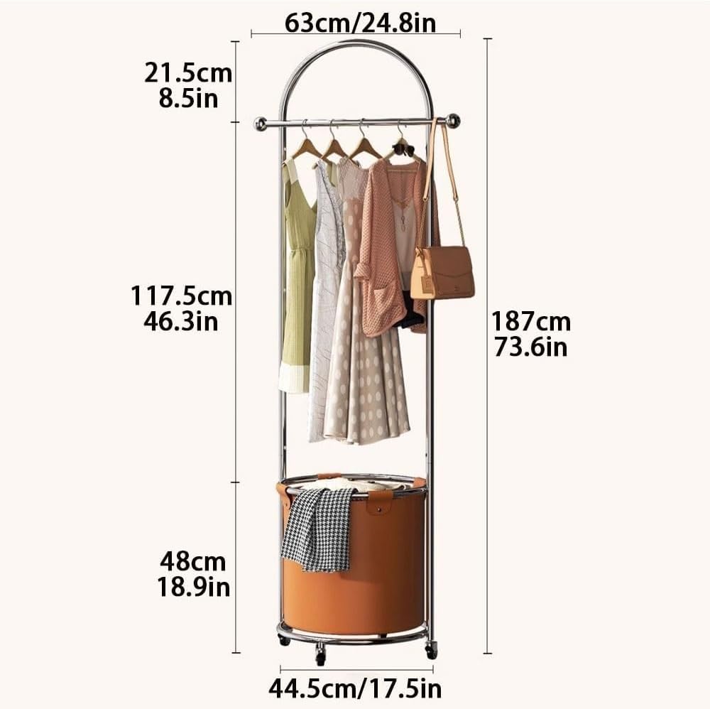 Rolling Steel Garment Rack with Bottom Basket Freestanding Clothes Organizer with Wheels for Entryway & Small Spaces Long-Lasting(White)