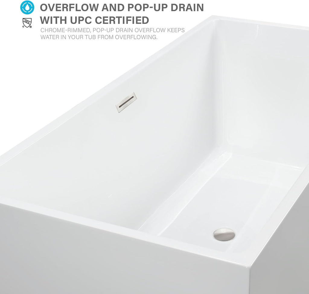 Vanity Art 67 X 32 Inch White Acrylic Freestanding Bathtub | Contemporary Design Soaking Tub with Pop-up Drain Overflow Included, UPC Certified VA6813B-L-BN