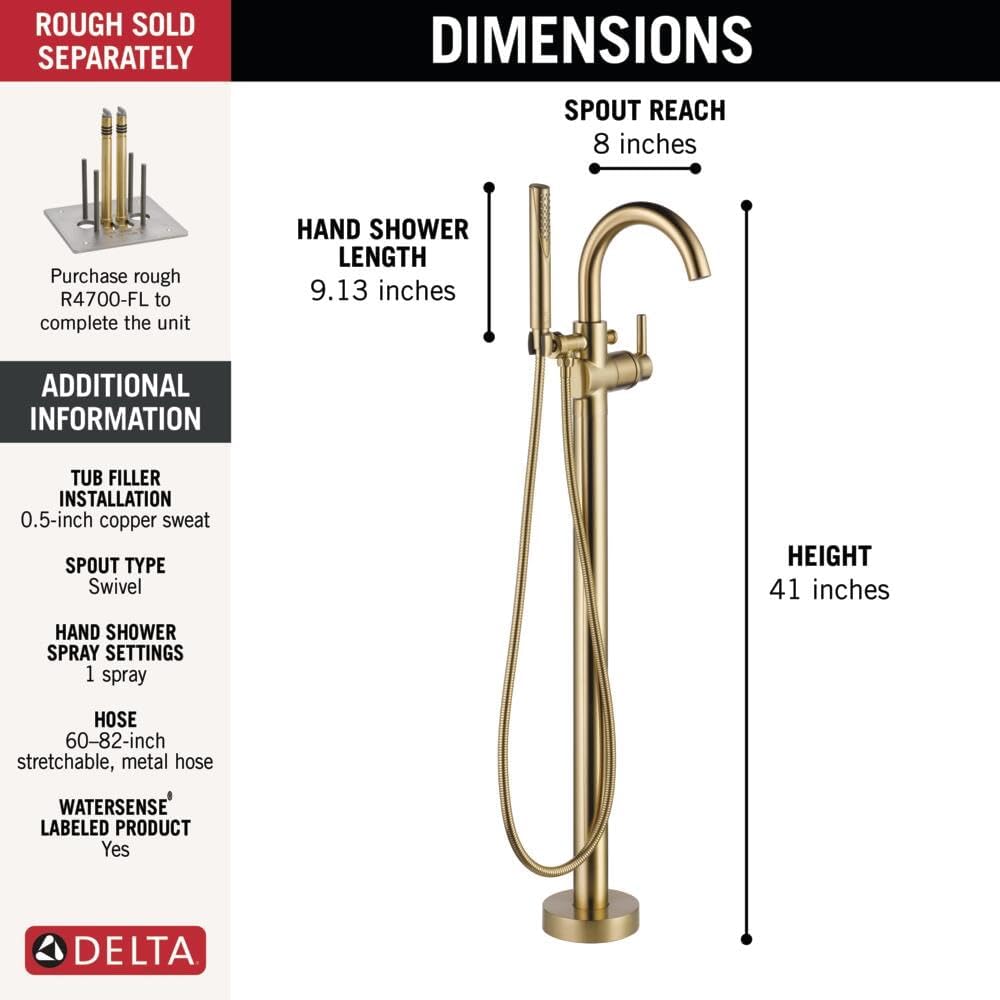 Delta Faucet Trinsic Floor Mount Tub Filler - Freestanding Roman Tub Spout with Handheld Shower - Flexible Shower Hose - Double Check Valves - Champagne Bronze, T4759-CZFL (Rough Sold Separately)