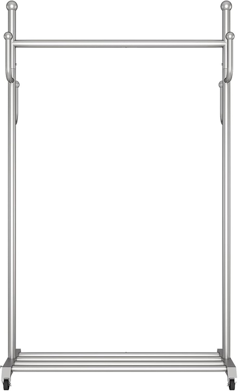 Heavy Duty Coat Rack, Garment Rack Silver Stainless Steel Clothing Rack with Wheels, Rolling Clothes Rack with 6 Hooks and Shelves, Portable Clothes Organizer for Bedroom, Space Saving (100X35X165CM
