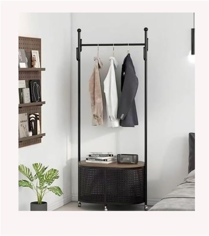 Coat Stand Vintage Style Freestanding Garment Rack with Removable Wicker Laundry Basket - Bedroom Clothes Hat Stand for Retro Storage and Hanging(Black)