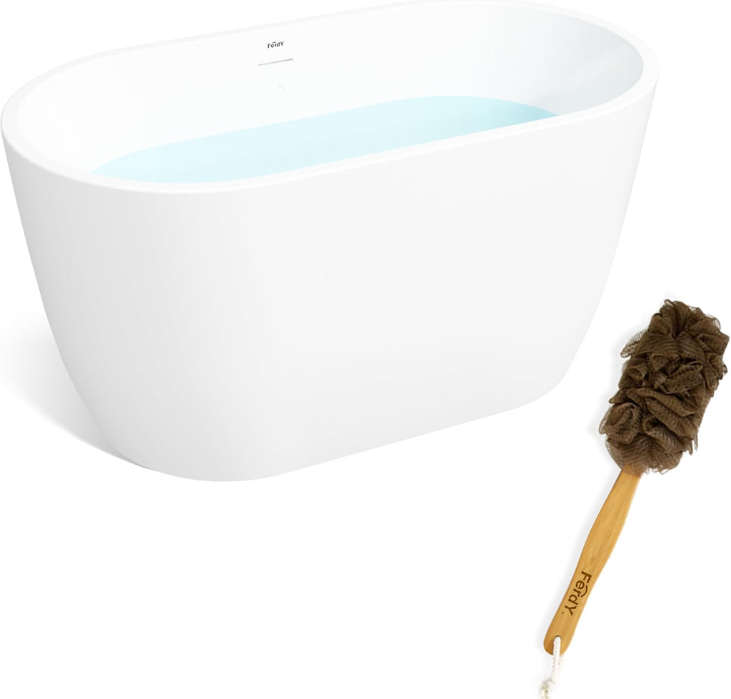 FerdY 47' Bali Acrylic Freestanding Bathtub, Gracefully Shaped Freestanding Soaking Bathtub, cUPC Certified, Toe-Tap Brushed Nickel Drain&FerdY Back Scrubber for Shower,Long Handled Loofah on a Stick