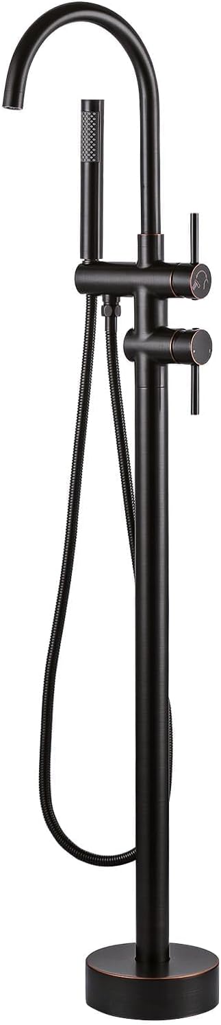 Freestanding Tub Filler Faucet, Floor Mount Oil Rubbed Bronze Bathtub Faucet with Single Handheld Shower, Brass Shower Tub Faucet Set Complete, Bathtub Faucet with Shower