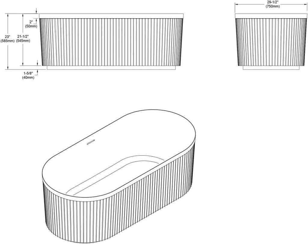 Dowell 59' x 30' Freestanding Bathtub, Acrylic Soaking Tubs, Fluted Design Oval Shape Bathtub W,Matte White-081 5930 01