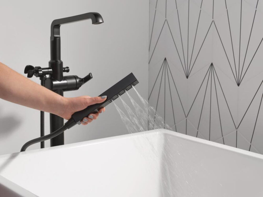 Delta Faucet Tetra Floor-Mount Freestanding Tub Filler with Hand Held Shower, Black Tub Faucet, Matte Black T4789-BLLHP-FL (Valve and Handle Not Included)