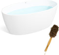 FerdY Tahiti 59' Acrylic Freestanding Bathtub, Elegant Oval Shape Bathtub, Glossy White, Brushed Nickel Drain & Back Scrubber for Shower,Long Handled Loofah on a Stick, Soft PE Mesh Back Sponge