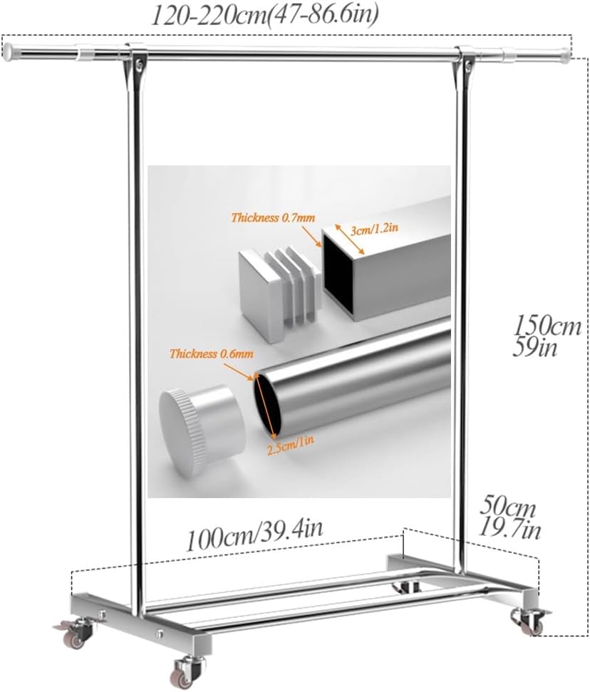 Steel Clothes Garment Rack with Wheels, Extendable Rod, Rolling Clothes Organizer with Storage Shelf, Clothing Rail on Wheels for Hanging Clothes, Load 176lbs